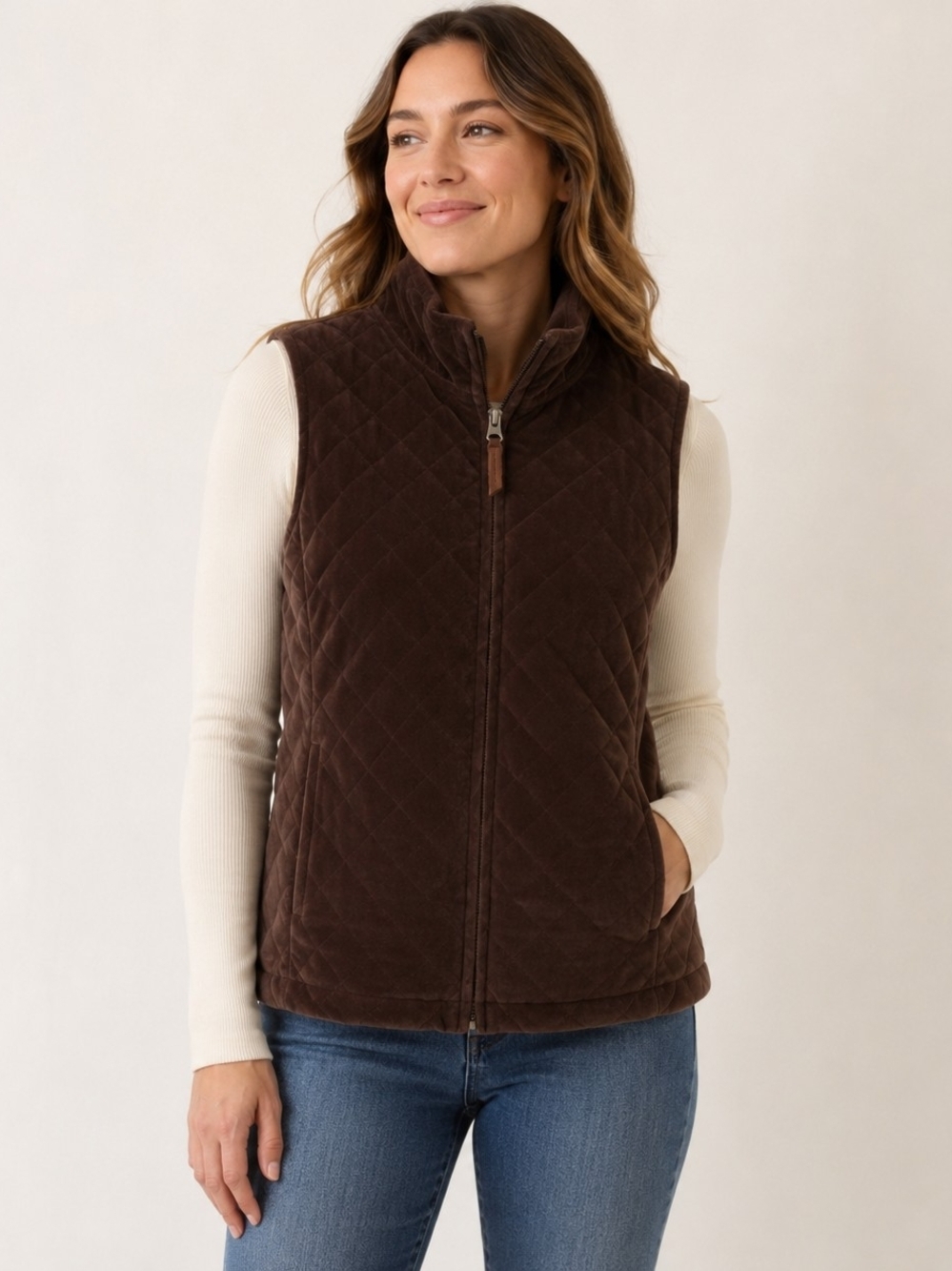 Denver Hayez Quilted Brown Velour Vest Jacket - Women's Size Xs